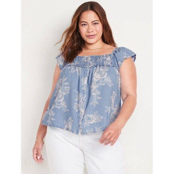 NWOT Old Navy Plus Size Smocked Square Neck Chambray Floral Jean Blouse- Size 4X - Picture 1 of 7